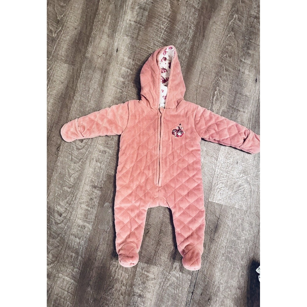 LAURA ASHLEY Baby Girls 3-6m Winter Fleece Bunting Romper Snow Dusty Pink